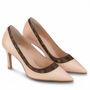 Louis Vuitton Signature Pumps in Nude Leather with Monogram Canvas